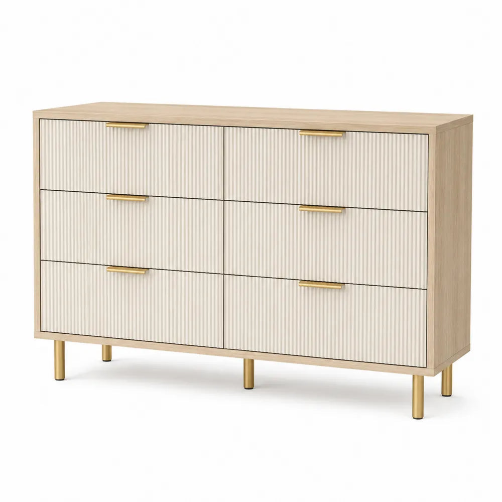 Kommode mit 6 Schubladen aus MDF und Metall in Beige