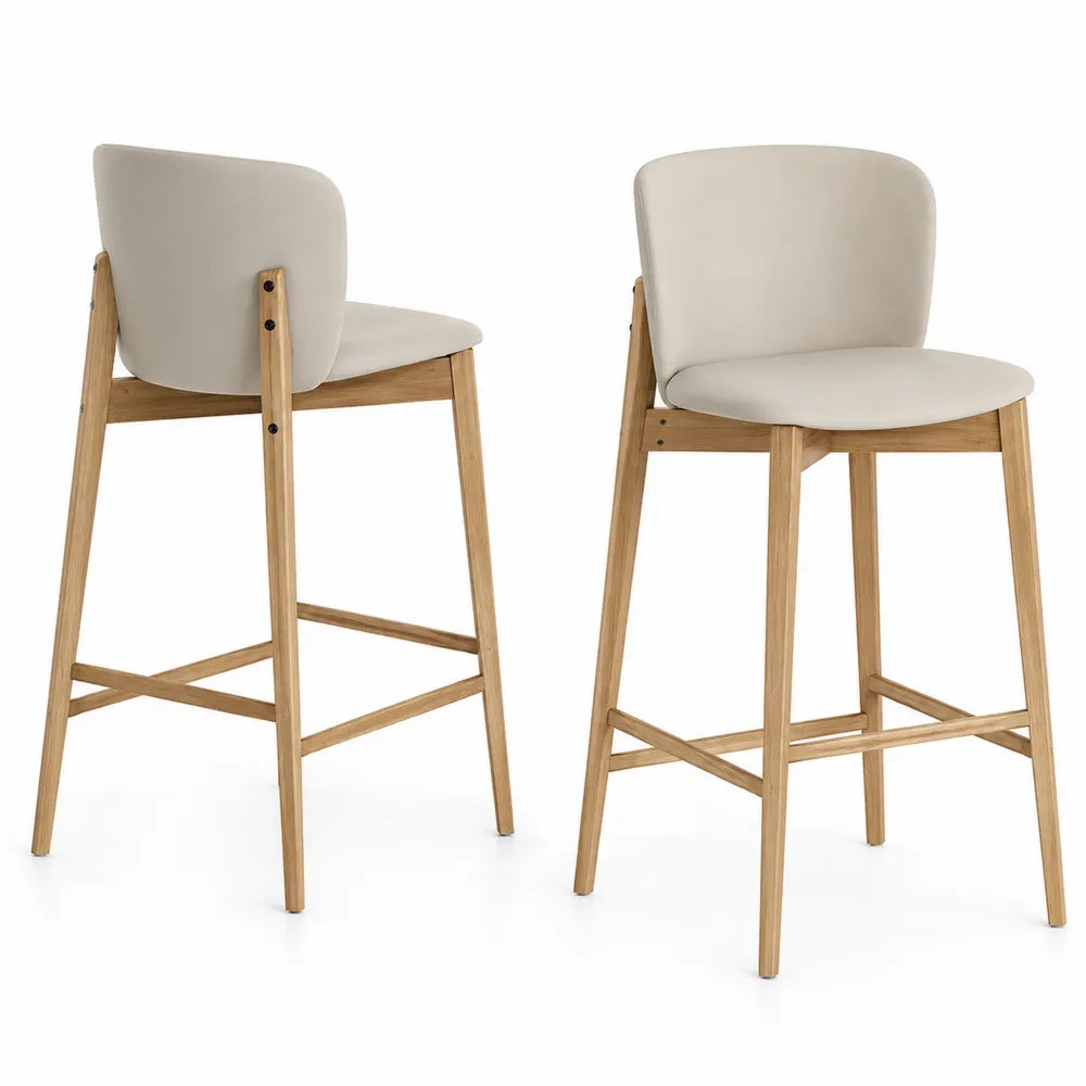 Set aus 2 Barhockern mit Holzgestell und Kunstlederpolsterung in Beige