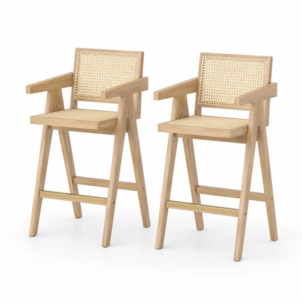 Holz Barhocker-Set mit Rattan, Natur, 2 Stück, 105 cm Höhe