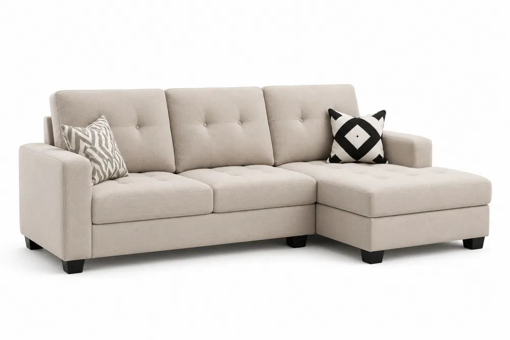 Ecksofa 3-Sitzer Textil mit Ottomane Beige