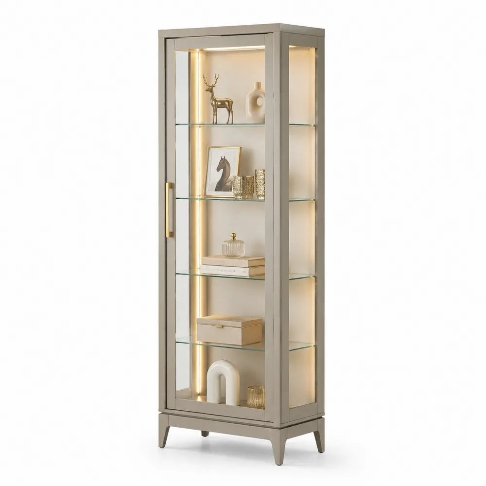 Vitrine mit LED-Beleuchtung, Gehärtetes Glas, Holzrahmen, Beige, 180x60x40 cm