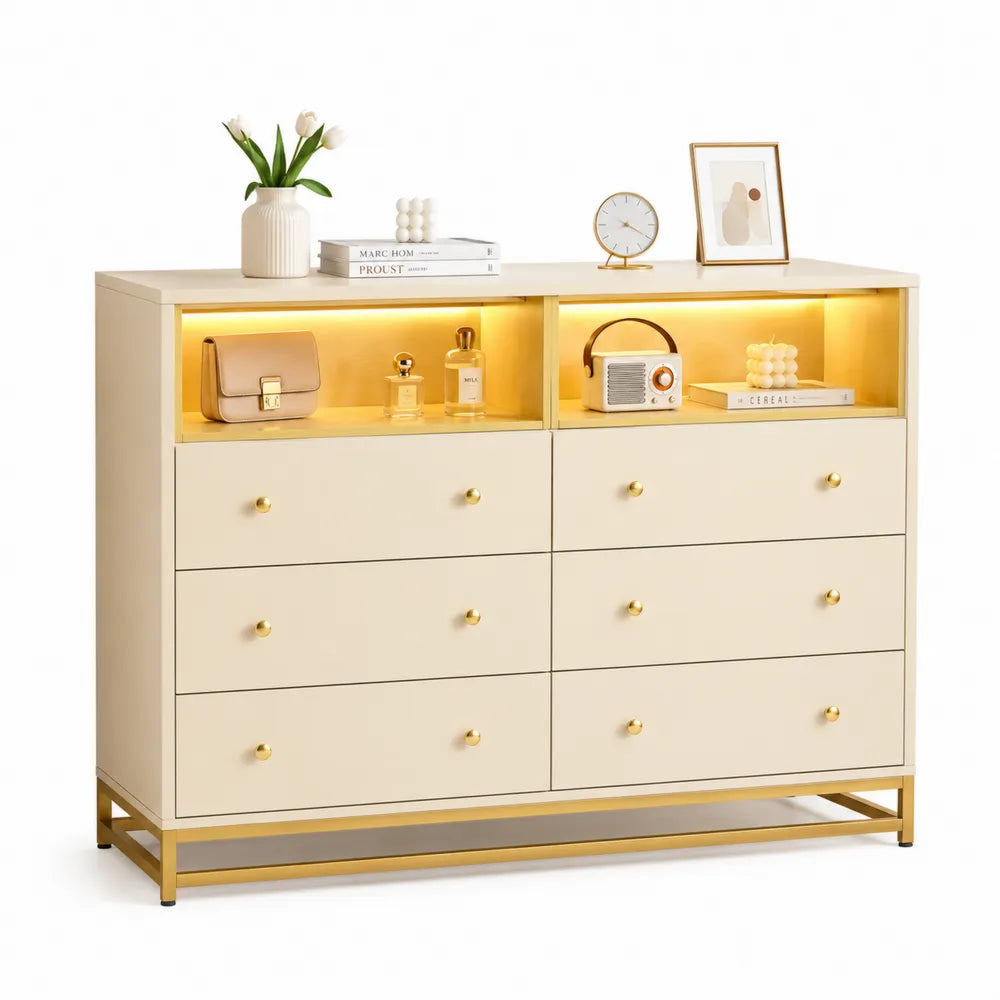 Kommode mit 6 Schubladen in Beige und Gold